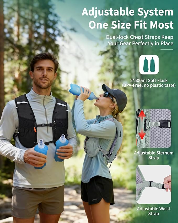 ECOHUB Running Hydration Vest Backpack with 2*500ML Soft Flask, Lightweight Trail Running Pack for Men Women, Adjustable No Bounce Hydration Backpack for Marathon Hiking Cycling