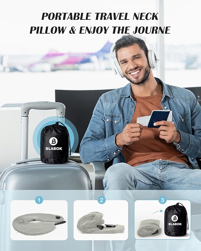 Inflatable Neck Pillow for Travel, Travel Pillow Support Head and Neck, Travel Neck Pillow for Airplane,Train,Car,Office,Home,Washable Cover (Grey)