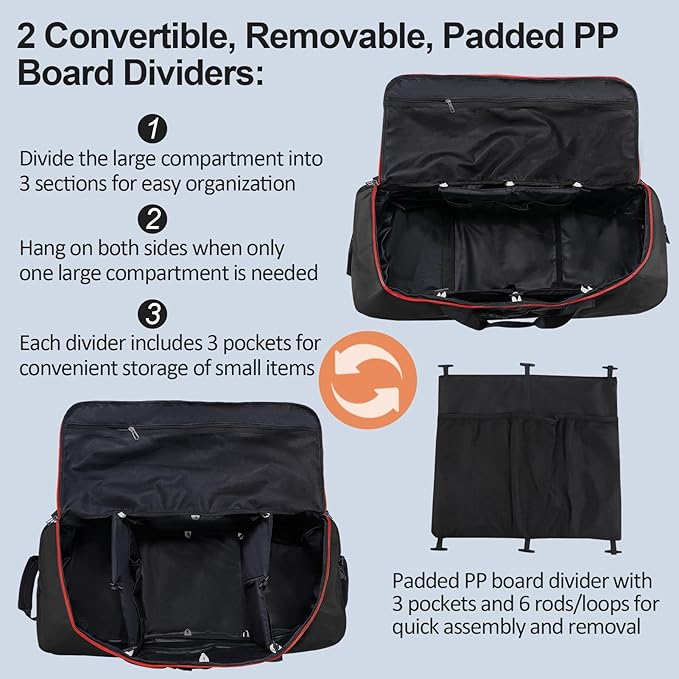 110L/140L Expandable Soft-Sided Foldable Duffle Bag with 2 Rubber Wheels,Packable 32” Rolling Carry-On with Multi-Pockets & Compartments,Black Red