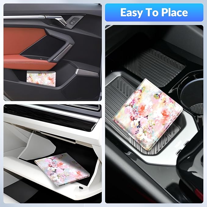 Car Registration and Insurance Card Holder，Vehicle Glove Box Car Organizer，Accessories Case for Storing Driving Licences, Cards, Documents,Pink flower