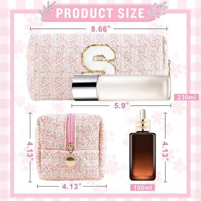 Personalized Quilted Cosmetic Bag, Puffy Monogrammed Christmas Birthday Gifts for Women & Girls, Cute initial Floral Makeup Bag Puffer Coquette Bag, Aesthetic Travel Toiletry Zipper Pouch(Pink,S)