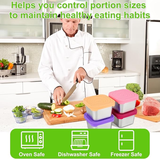 FJDCKJ Stainless Steel Snack Containers, Set of 4 Easy Open Leak Proof Small Food Containers with Silicone Lids, Reusable Metal Lunch Container for Lunch Boxes, Picnics and Travel