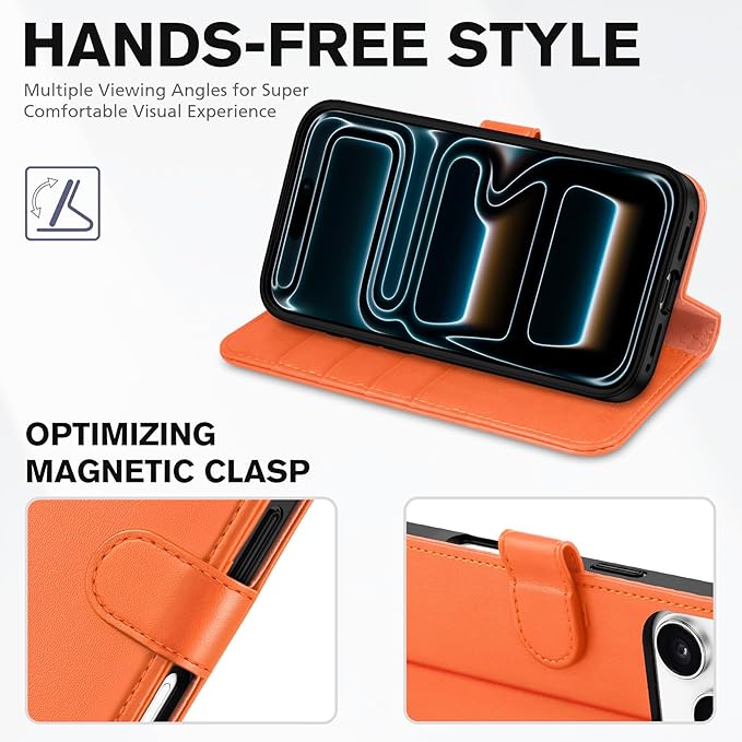 TUCCH Wallet Case for iPhone 17 Pro (6.3") 2025, 4 Card Holders, RFID Blocking, Stand, Shockproof TPU Shell, PU Leather, Magnetic Closure, Protective Flip Folio Cover, Orange