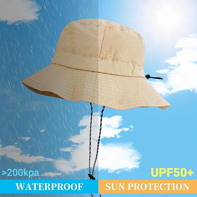 NPJY Packable Quick Dry Sun Bucket Hats for Women Lightweight Outdoor Waterproof Rain Hat with Detachable Chin Strap