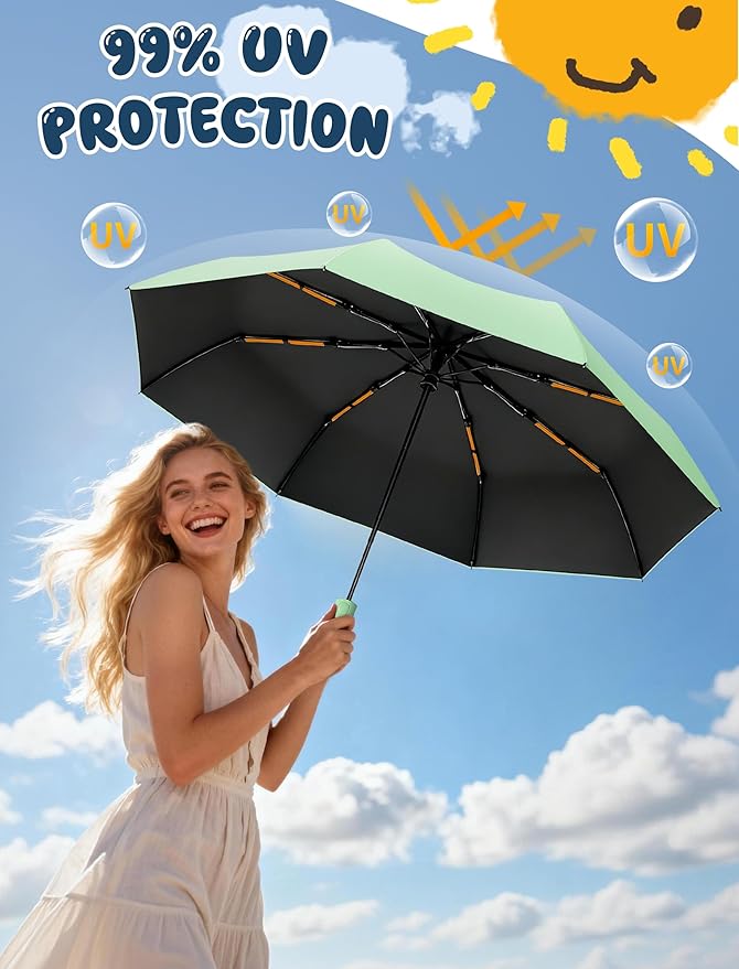 Yoobure Automatic Travel Umbrellas for Rain - Portable & Compact Umbrella for Backpack, Car, UV Umbrellas for Sun Protection, Windproof Folding Small Umbrella in Macaron for Kids, Women, Colorful