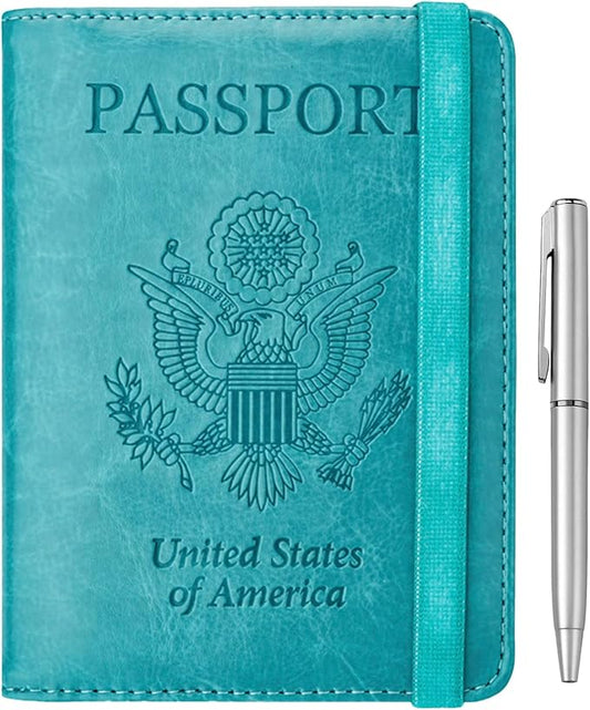 WALNEW Passport Holder for Travel, RFID Passport Cover Wallet for Women Men, PU Leather Passport Book Card Holder Case with Pen, Travelling Essentials for Flying