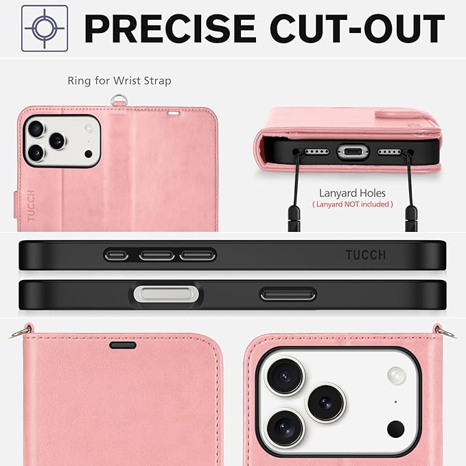 TUCCH Wallet Case for iPhone 17 Pro (6.3") 2025, Wrist Strap | 4 Card Slots | RFID Blocking | Kickstand | Shockproof TPU Shell | PU Leather | Magnetic | Protective Flip Cover | Rose Gold