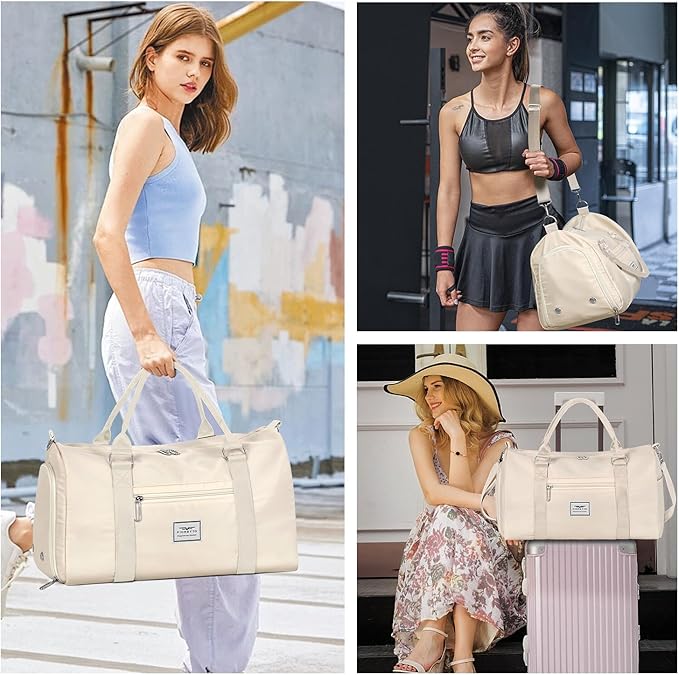 FIORETTO Womens Gym Tote Duffle Bag with Toiletry Bag, Sports Duffel Overnight Hospital Workout Carry on Bag for Girls with Wet Pocket & Shoe Compartment, Ideal for Travel, Swimming, Dance Beige