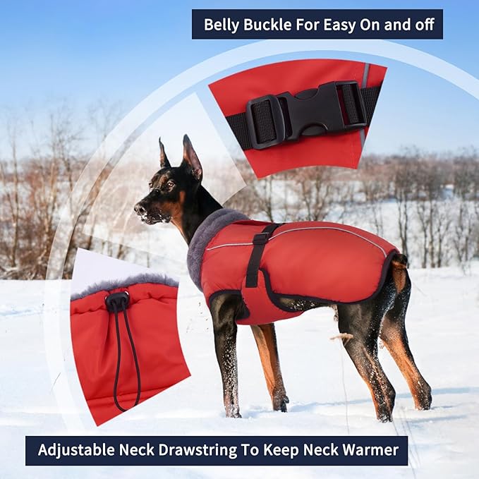 IECOii Extra Warm Dog Coat - Reflective, Adjustable Jacket with Buckle & Fleece Turtleneck for Cold Weather, Soft Winter Coat for Small to Extra Large Dogs