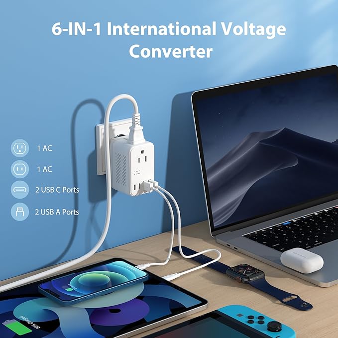 2000W 220V to 110V Voltage Converter US to Europe, Power Converter with Type C, A, G, I Plugs, 2 USB C & 2 USB A Ports, European Travel Converter for Hair Dryer, Curling Iron, Straightener, Chargers