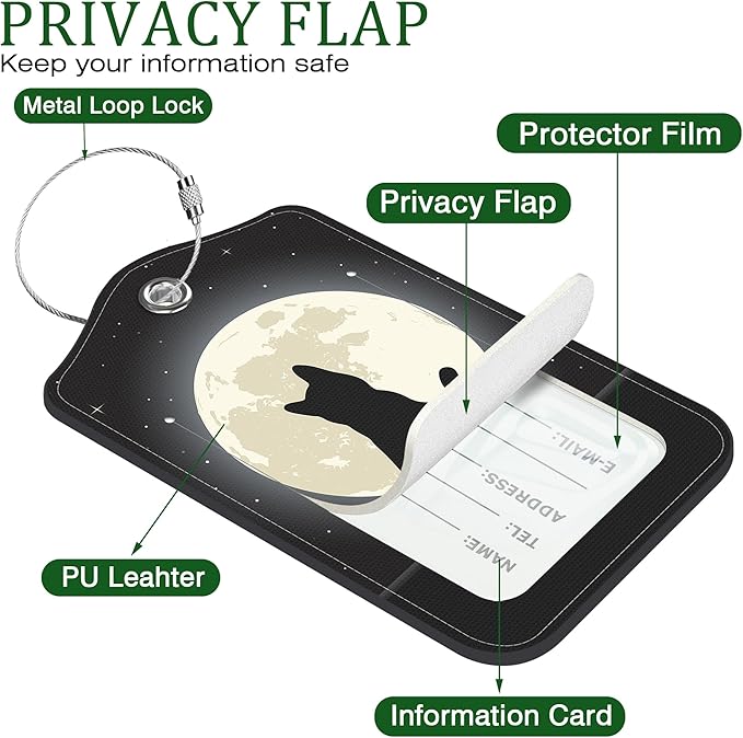 2 Pack Luggage Tag for Suitcase Black Cat The Night Sky Leather Suitcase Tags with Privacy Name ID Label and Stainless Steel Loop for Travel Bag