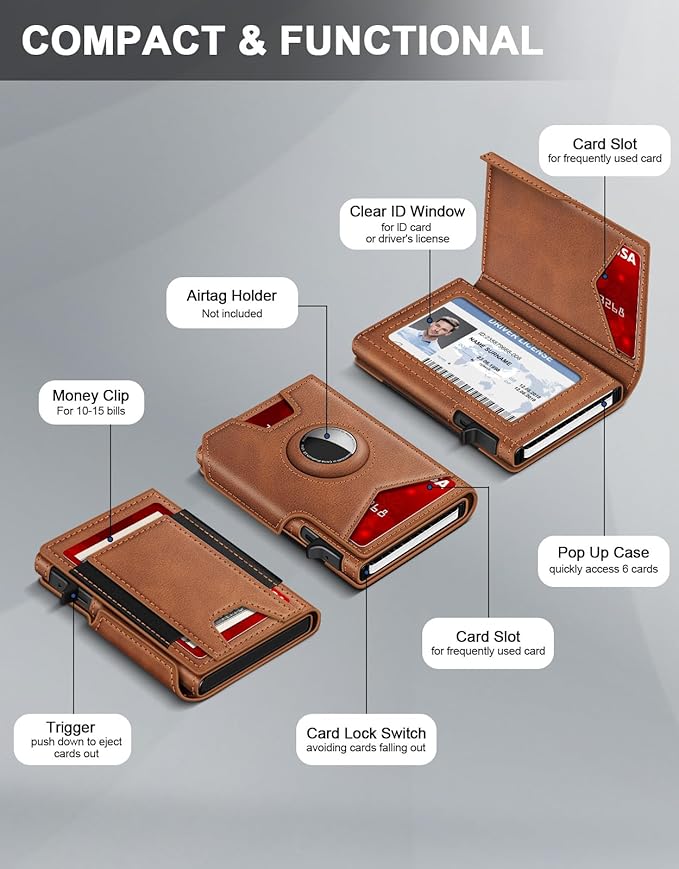 Airtag Wallet for Men, Minimalist Slim Mens Wallet Smart Pop Up Credit Card Holder for 9-13 Cards, RFID Blocking Wallet with ID Window & Cash Slot, Compact Bifold Metal Aluminum Card Case