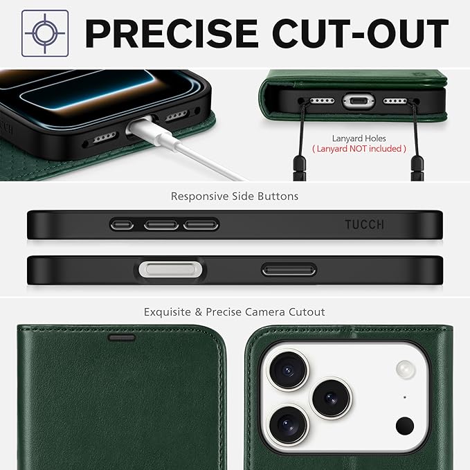 TUCCH Wallet Case for iPhone 17 Pro (6.3") 2025, RFID Blocking 4 Card Slots, Kickstand, Shockproof TPU Shell, PU Leather, Magnetic Closure, Protective Flip Folio Cover, Evergreen