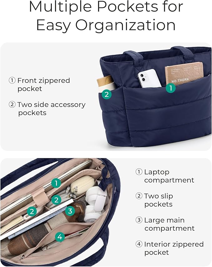 BAGSMART Tote Bag for Women, Lightweight Puffy Tote Bag with Compartments Shoulder Bag Handbag for Travel, Work, Gym