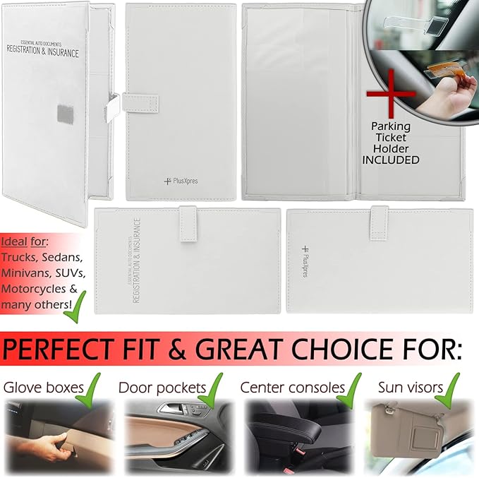 Auto Insurance and Registration Card Holder - Vehicle Glove Box Document Organizer - Car Essential Paperwork Holder for DMV, AAA, Contact Information Cards - Premium PU Leather Wallet Case - White
