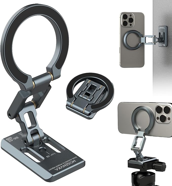 Dual Magnetic Phone Holder Gym Magnetic Stand,Tripod Phone Mount (1/4'' Hole& ARCA-Swiss),Portable Phone Grip for iPhone 12/13/14/15/16/17-Desk/Car/Gym/Golf Cart/Airplane Use Stand (Grey)