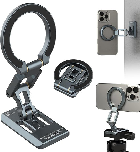 Dual Magnetic Phone Holder Gym Magnetic Stand,Tripod Phone Mount (1/4'' Hole& ARCA-Swiss),Portable Phone Grip for iPhone 12/13/14/15/16/17-Desk/Car/Gym/Golf Cart/Airplane Use Stand (Grey)