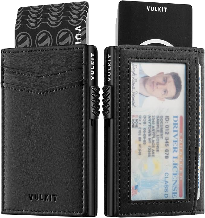 VULKIT Men's Wallet with ID Window Premium Leather Wallets RFID Blocking Minimalist Wallet Pop Up Card Holder Magnetic Closure
