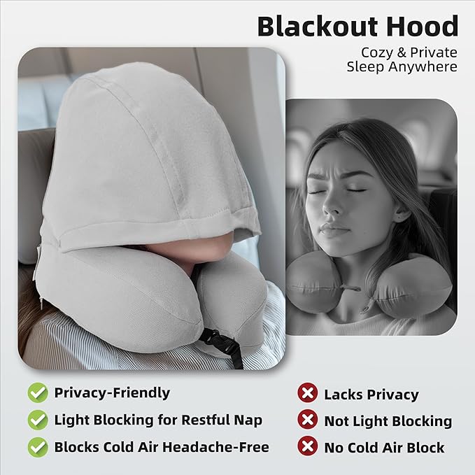 Privacy-Friendly Hooded Travel Pillow for Kids & Adults, Sensory-Friendly, Memory Foam Neck Support for Airplane, Car & Train, Breathable Fabric, Portable, Ultimate Comfort