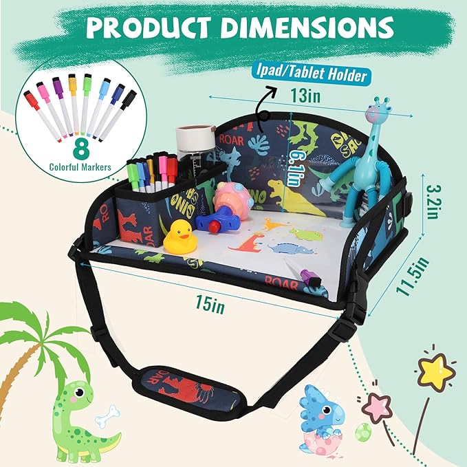 Kids Travel Tray for Airplane - Toddler Car Seat Table Tray, Road Trip Essentials for Boys & Girls, Carseat Lap Desk for Kids Road Trip Activities, Dinosaur