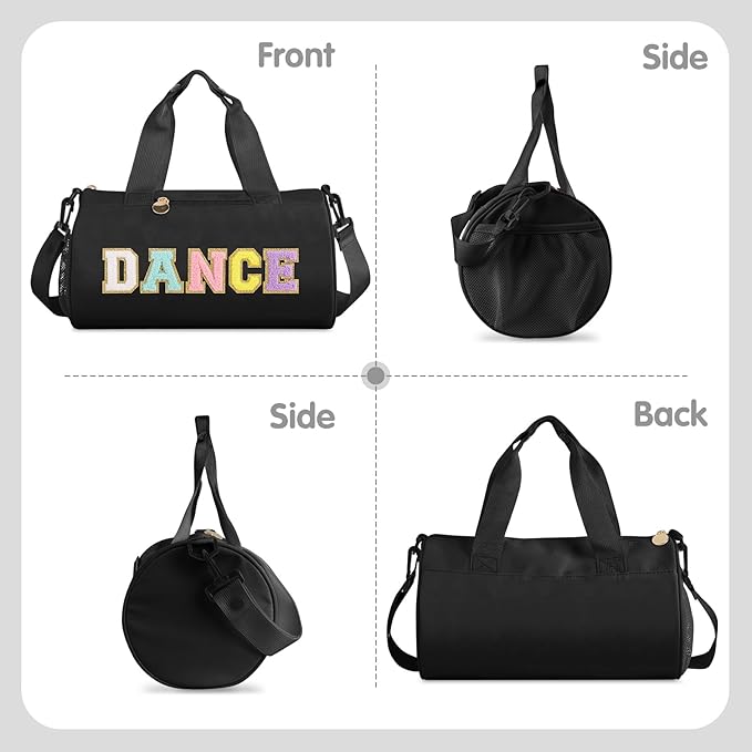 Personalized Dance Bag for Girls, Teen Toddler Ballet Bag Cute Chenille Letter Gym Sport Workout Duffel Bags, Waterproof Cheer Dancer Overnight Weekender Bags for Birthday Christmas Gift(Black)