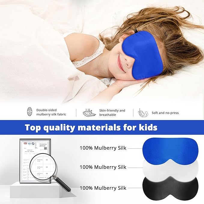 Kids Sleep Mask Eye Cover, 100% Real Natural Pure Silk Eye Mask with Adjustable Strap, Blindfold Kids Eye Mask for Sleeping, Eye Shade for Boys Girls and Adult, Pressure-Free Comfort (Royal Blue)