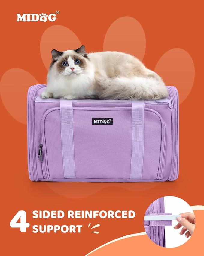 MIDOG Cat Carrier Soft, TSA Approved Airline Travel Carrier for Cats and Small Dogs, Under Seat Pet Bag with Expandable Space & Escape-Proof Zippers (Lavender)