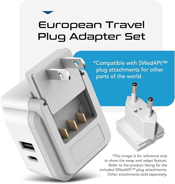 Ceptics European Plug Travel Adapter Set, 20W PD & QC, Safe Dual USB & USB-C - 2 USA Socket - Compact - Use in Germany, France, Italy, UK - Includes Type E/F, Type C, Type G SWadAPt Attachments