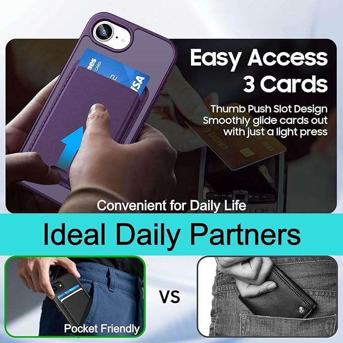 Ntwinro Magnetic for iPhone 16e Case (Compatible with MagSafe) with Detachable Wallet & Card Holder for 3 Cards [RFID Blocking] Military Grade Protective Slim Phone Cover, Purple