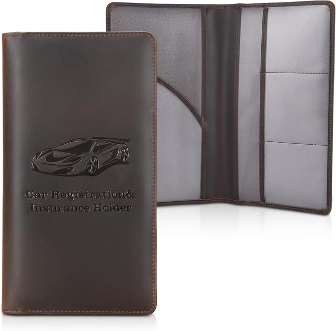 Polare Vintage Full Grain Leather Car Registration and Insurance Card Holder, Vehicle Glove Box Organizer Car Essentials RFID Wallet Case for Driver License, Cards & Documents