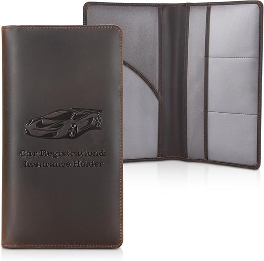Polare Vintage Full Grain Leather Car Registration and Insurance Card Holder, Vehicle Glove Box Organizer Car Essentials RFID Wallet Case for Driver License, Cards & Documents