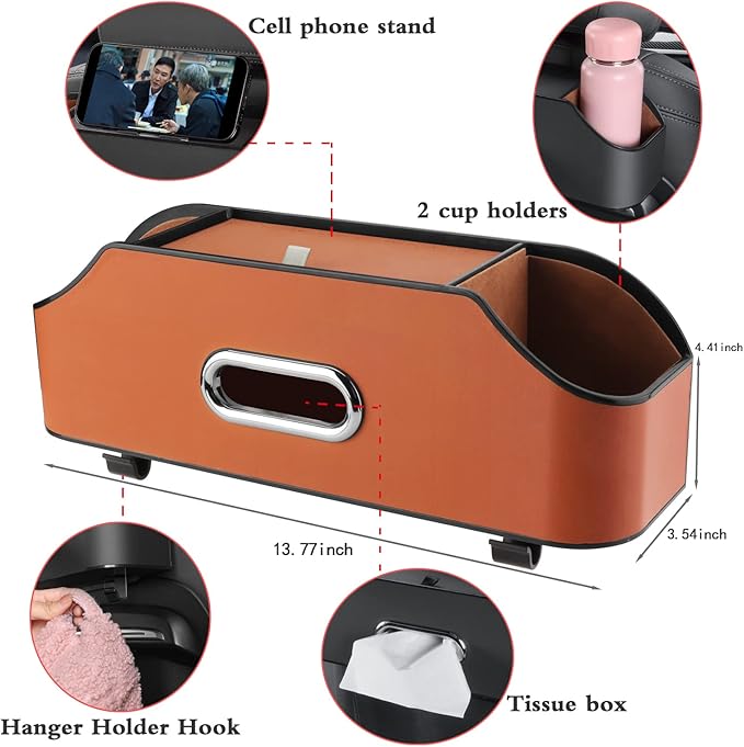 HOLDCY Car Back Seat Organizer with 2 Drink Cup Holder - Tissue Box and Storage Box Hook - Multi-functional Storage - Great for Kids and Travel (Orange)