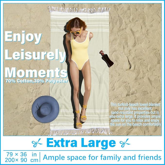 Thin Turkish Beach Towel Lightweight Soft Cotton Extra Large XL Oversized Sand Free Sandproof Absorbent Quick Dry Towels Cloud Bath Pool Travel Compact Essentials Accessories for Adult Gifts