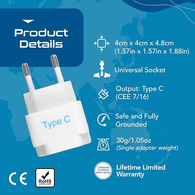 Ceptics European Travel Plug Adapter (Type C), Universal to European EU, Power Charge your Electronics in Italy, Greece, Germany, Outlet Adaptor 3 Pack