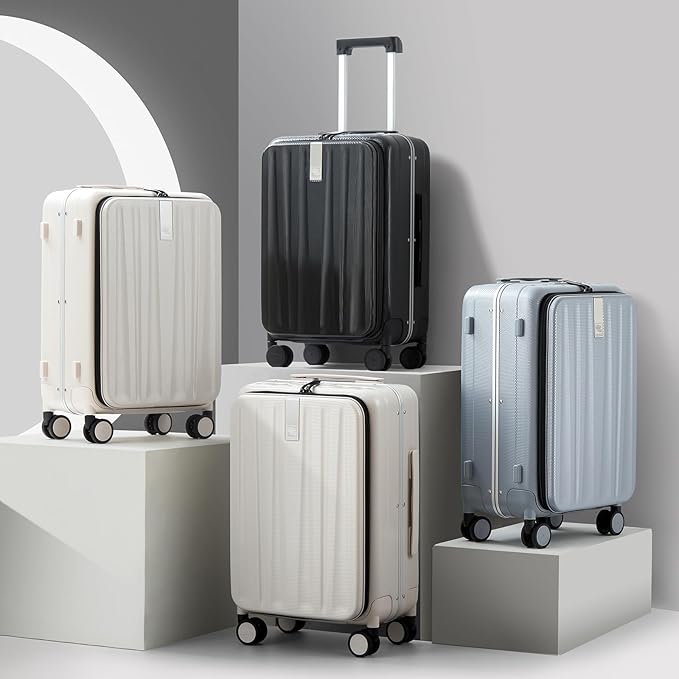 Hanke 24 Inch Checked Luggage PC Hard Shell Suitcases for Travel Front Opening Aluminum Frame Travel Luggage Rolling Suitcase with Wheels.(Jet Black)