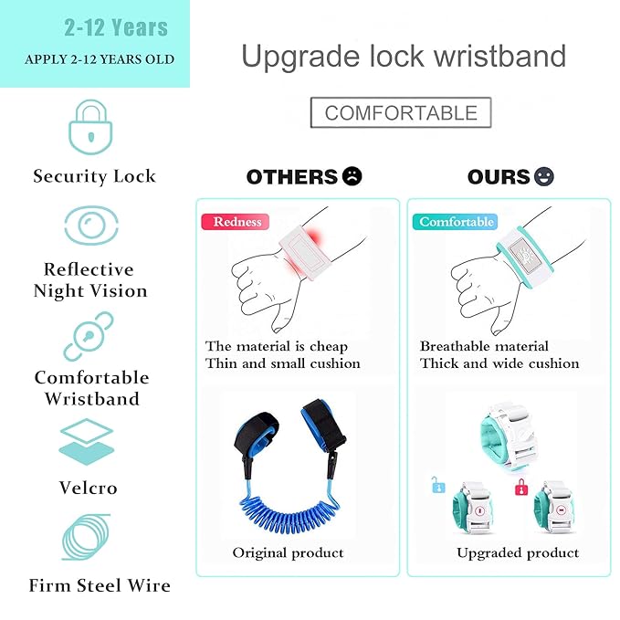 Toddler Harness Walking Leash- Child Anti Lost Wrist Link - Child Safety Harness - Upgrade with Reflective(6.5ft) - for Boys and Girls,Not Easy to Open Without Key (Cyan)