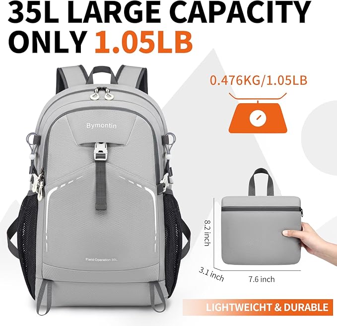 35L Lightweight Packable Backpack – Durable Foldable Daypack for Travel, Hiking, and Gym (Grey)
