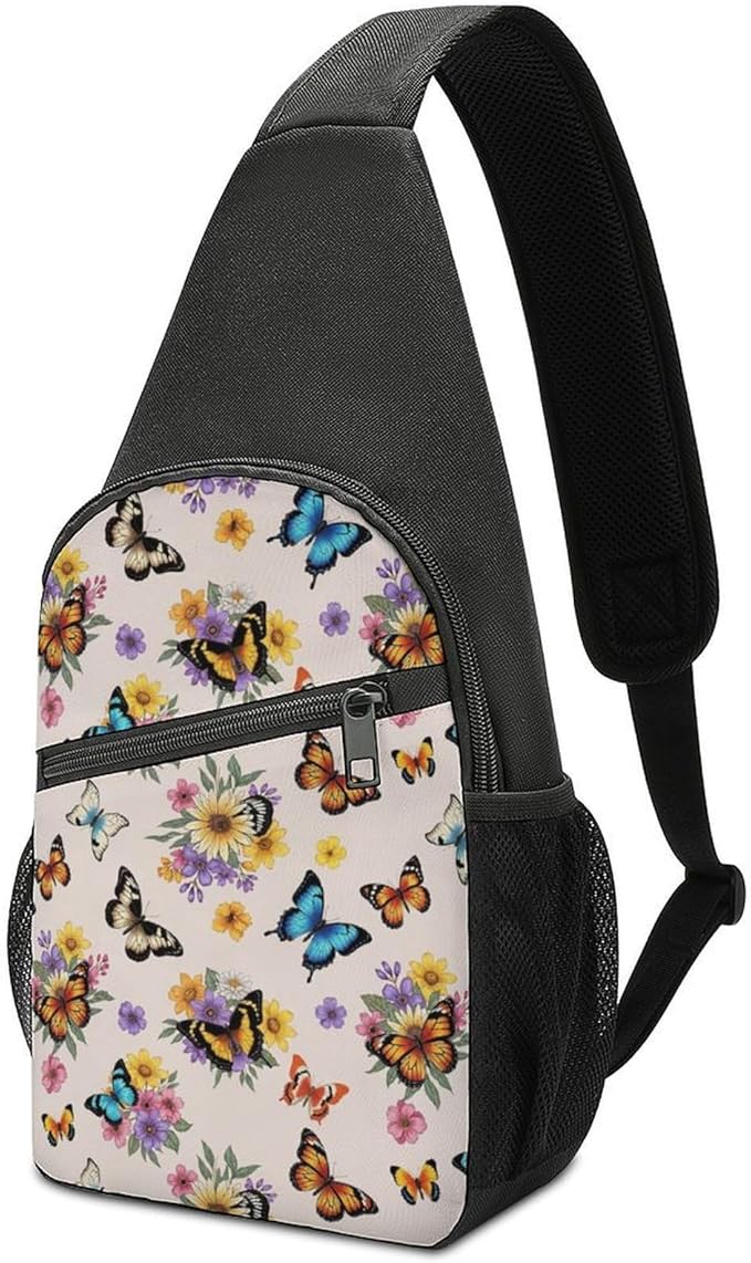 SWEET TANG Fashion Sling Backpack, Sling Shoulder Bag, Outdoor Chest Crossbody Bike Gym Runner Daypack with Adjustable Strap for Men Women, Beautiful Butterfly Vintage Botanical Butterflies