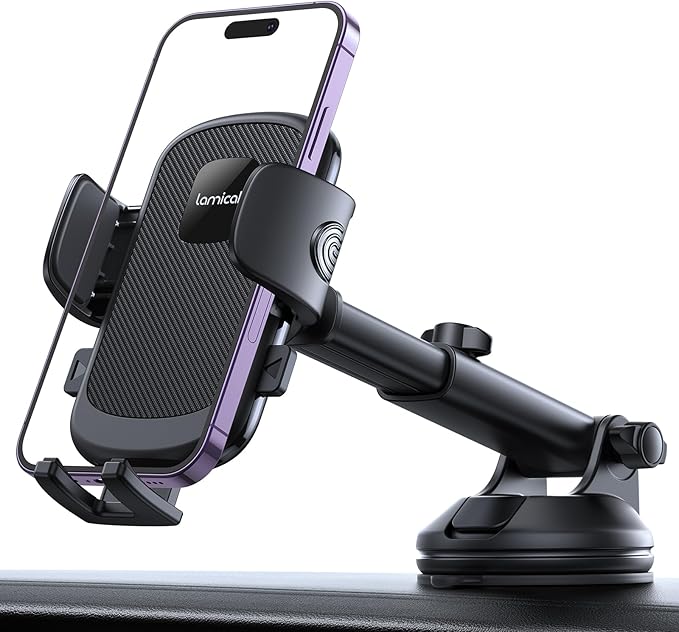 Lamicall Car Phone Mount - [Strongest Military-Grade Suction Cup] 360° Rotation Phone Holders for Your Car Quick Release Adjustable Phone Mount for Car Dashboard for iPhone 17 16 Pro Max Dark Grey