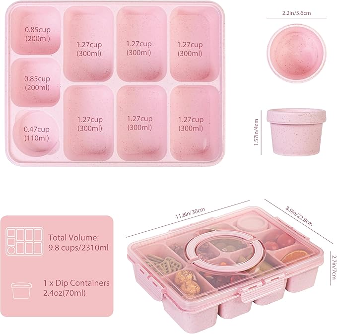 Wheat Straw Snackle Box Container,Dishwasher Safe-9 Compartment Divided Serving Tray with Lid and Handle, Built-in Dip Containers,BPA-Free,Pink
