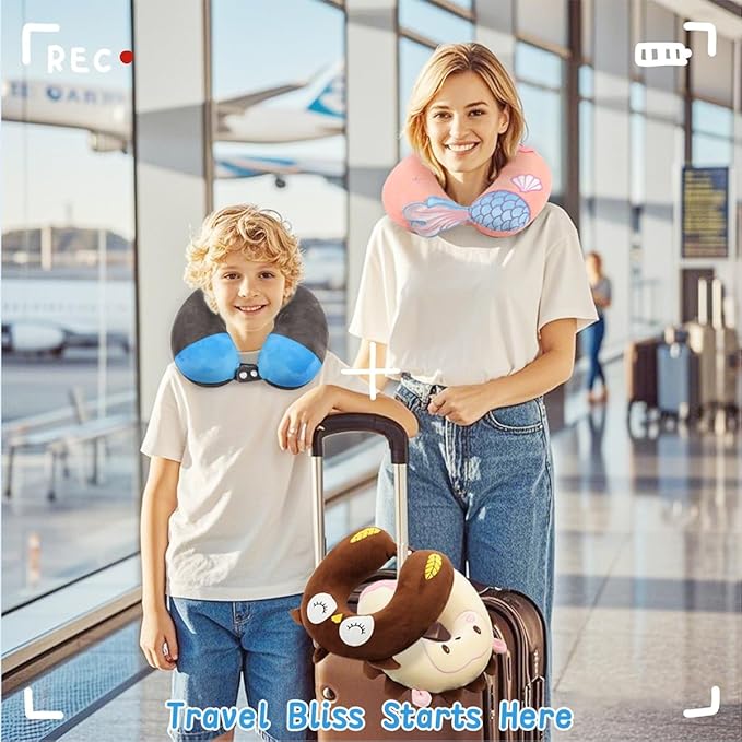 Sexysamba Travel Pillow for Kids Adults with Sleep Eye Mask Cute Cartoon U Shaped Memory Foam Neck Pillows for Travel Head Rest & Neck Support for Airplane, Car, Office Sleeping, Brown Owl