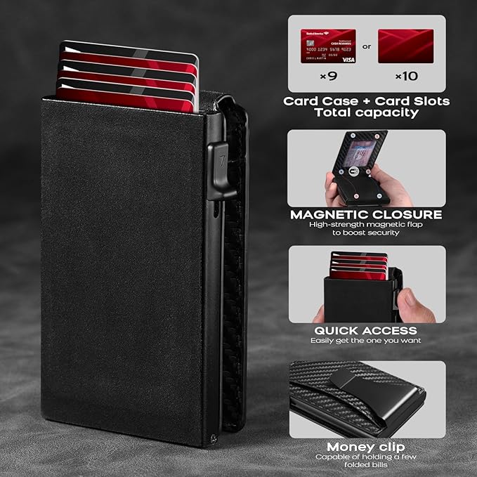 Zitahli Wallet for Men, Pop Up Metal Wallet with Money Clip & ID Window, RFID Blocking Credit Card Holder, Bifold Card Wallet Holds 8+ Cards Plus Cash Idea Gifts for Men