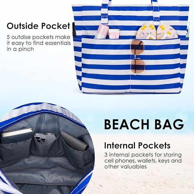 KABAQOO Extra Large Beach Bag Waterproof Sandproof Women Beach Tote with Zipper & Wet Compartment for Pool Gym Grocery Travel