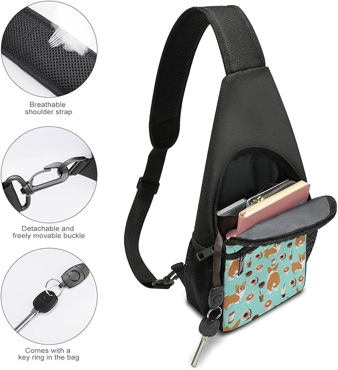 SWEET TANG Fashion Sling Backpack, Lightweight Sling Shoulder Bag, Outdoor Chest Crossbody Bike Gym Runner Daypack with Adjustable Strap for Men Women, Shiba Inu Coffee Print Dog And Coffees