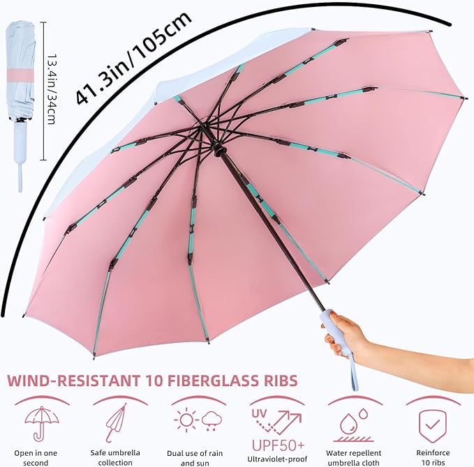 Folding Umbrella Anti-UV Compact Durable Folding Umbrella Auto Open Close Windproof Travel Umbrella Premium Grip Fits Backpack