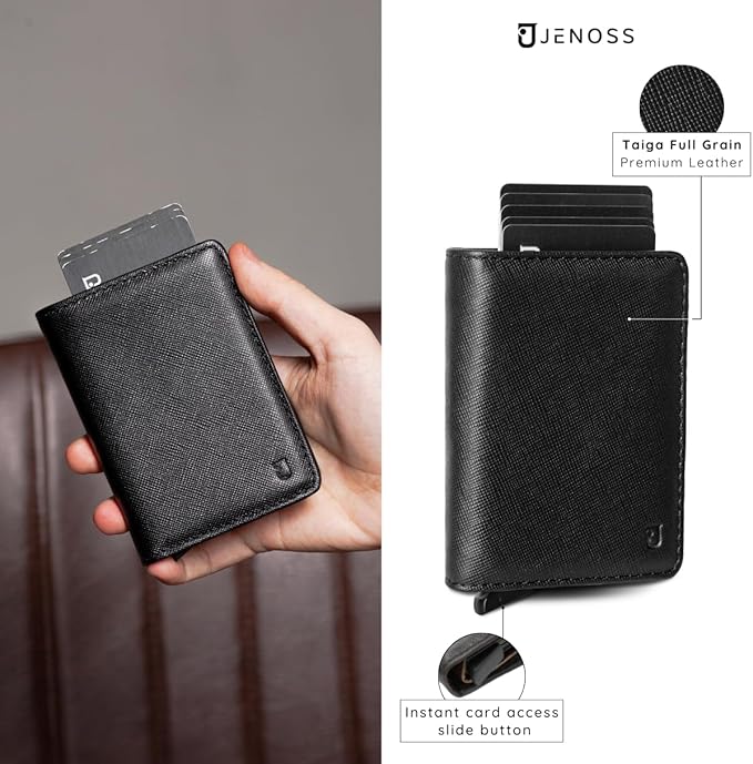 Vincenzo Smart Wallet For Men: Full Grain Leather, Handcrafted, Slide Metal Pop Up Case, Slim RFID Blocking Credit Card Holder, Minimalist, Compact, Front Pocket - 8-12 Organizers | Money Clip (Black)