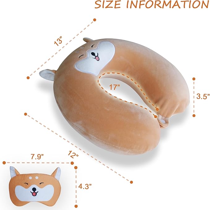 Cute Travel Pillow with Sleep Eye Mask Cartoon Headrest & Neck Pillow for Kids Boys & Girls, Teens, Travel Accessories for Airplane, Car, Recline, Home Use Memory Foam Flight - Cute Yellow Corgi