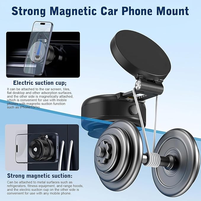 Electric Vacuum Magnetic Car Phone Mount,Vacuum Suction Car Phone Holder Hands-Free,Adjustable Foldable Magnetic Suction Cup Phones Mount,Strong Mag-netic Car Mounts for Smooth Surface (Silver)
