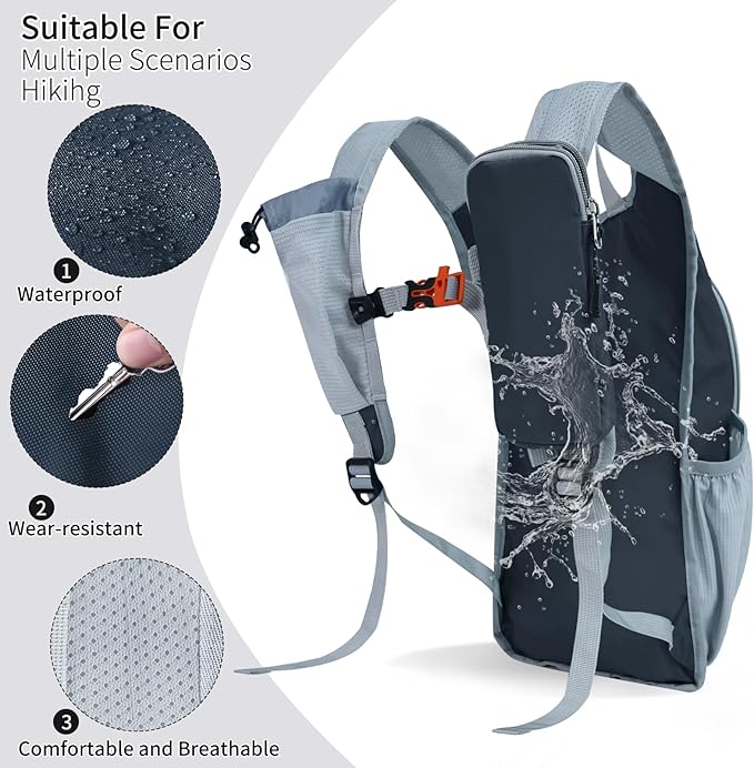 HIGH EXPERIENCE Hiking Backpack 10L/15L Small Daypack Lightweight Packable Travel Foldable Water Resistan for Women Men (Gray, 10L)