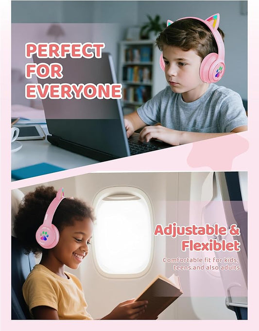 MIDOLA Kids Headphones Cat Ear Wireless Bluetooth 5.3 60H Over Ear, 8H with Led Light Foldable Headset with Aux 3.5mm Mic for Travel Pad Tablet Pink